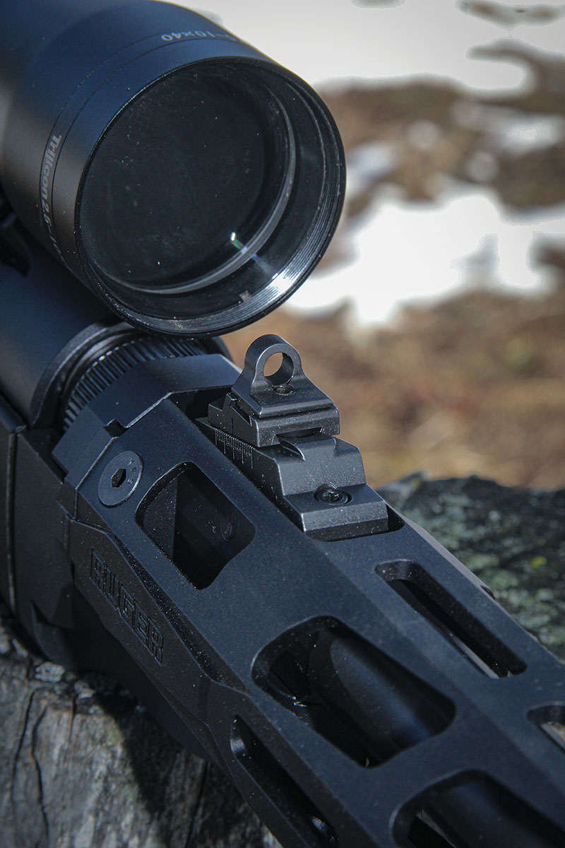 The rear sight found on the Ruger PC Carbine is a ghost-ring design that is fully adjustable using the hex wrench provided by Ruger.